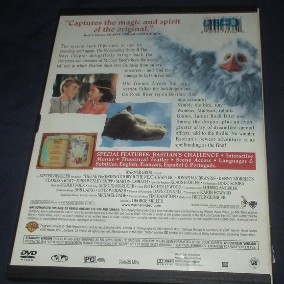 The NeverEnding Story 2: The Next Chapter (DVD, 2001, Widescreen) Snapback Case - Picture 3 of 3